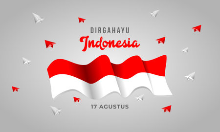 Red and White Flag and Paper Plane Origami Indonesia Independence Dayのイラスト素材