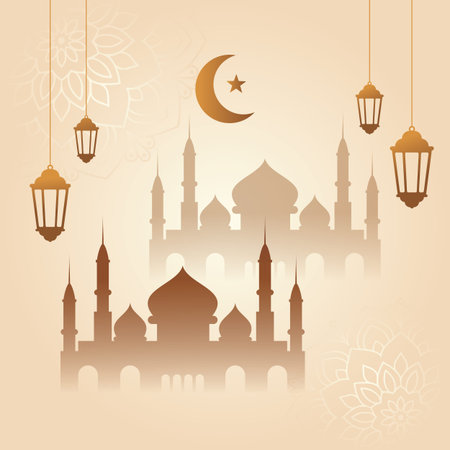 Gold Mosque Lantern Moon and Star with Mandala Eid Mubarakのイラスト素材