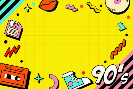 Vector illustration of 90s retro background in pop art style with hand drawn elementsのイラスト素材