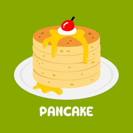 Pancakes with cherry. Vector illustration in flat design style.のイラスト素材
