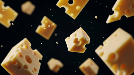 Pieces of cheese falling on a black background. Flying cheese.の写真素材