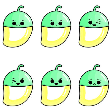 Set of cute mangoes vector illustration. Set of cute illustration of half-peeled fruit.のイラスト素材