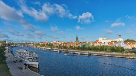 Szczecin, West Pomeranian Voivodeship, Poland - 06 September 2020: Morning over the city. Panoramic view from Labuda's Bridge towards West Oder riverside with Piastowski Boulevard and Ducal Castleのeditorial素材