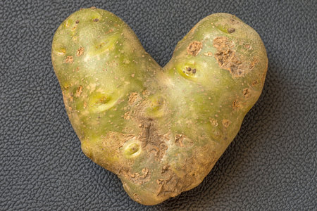 Closeup of heart-shaped potato centred on the black leather background.