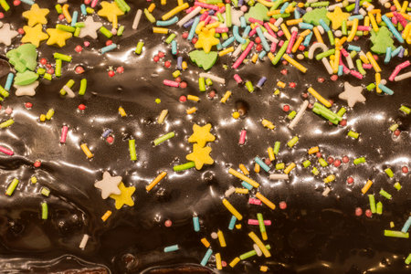 Chocolate cake covered with colorful holiday sprinkles. Christmas sprinkle cookie.の写真素材