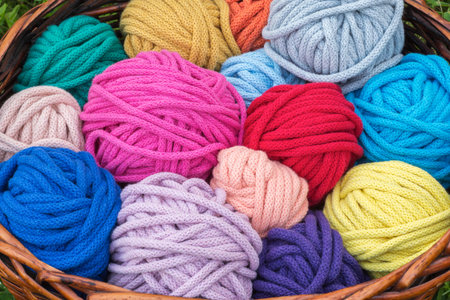 Colorful knitting wool balls in a wicker basket.の写真素材
