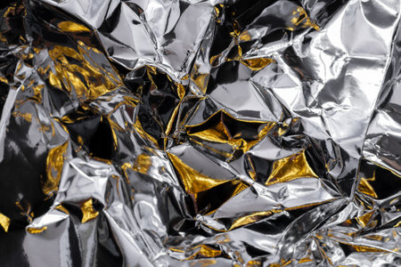 Wrinkled silver foil with golden and black shades. Metallic backgroundの写真素材