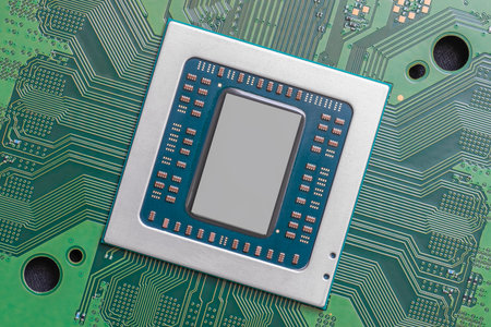Central Processor Unit CPU on the motherboard. Chip with a text space. Electronic technology concept