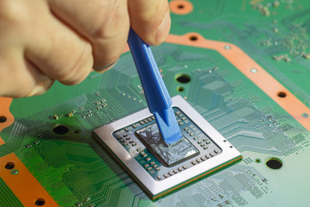 Applying a new thermal grease paste to the main CPU. Selective focus on the central processor unit
