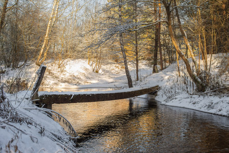Sunny winter scenery with a concrete footbridge over the forest river