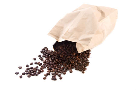 paper bag with roasted coffee beans on a white backgroundの写真素材