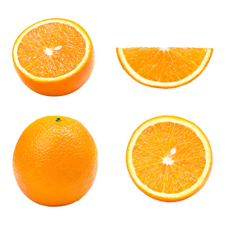 Juicy ripe orange, orange slices on a white background
