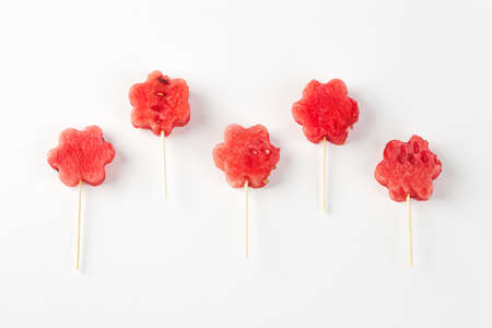 Watermelon pattern. Sliced watermelon on white background. Flat lay, top viewの写真素材