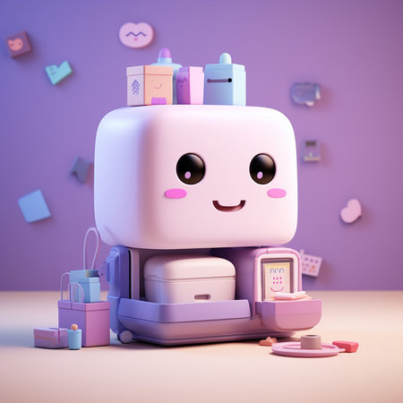 Cute cartoon character with toiletries. 3D rendering. Purple background.の素材