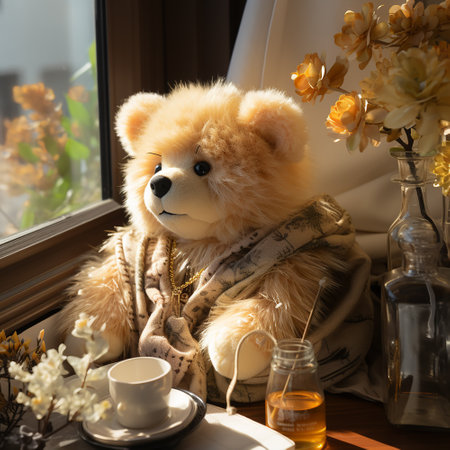 Teddy bear with cup of tea sitting on a window sill in the roomの素材