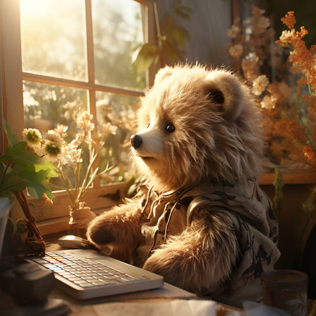 Teddy bear sits at the window and works on a laptop.の素材