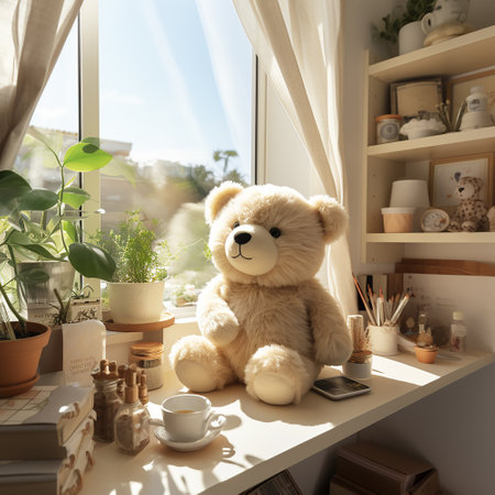 Cute teddy bear sitting on windowsill in room at homeの素材