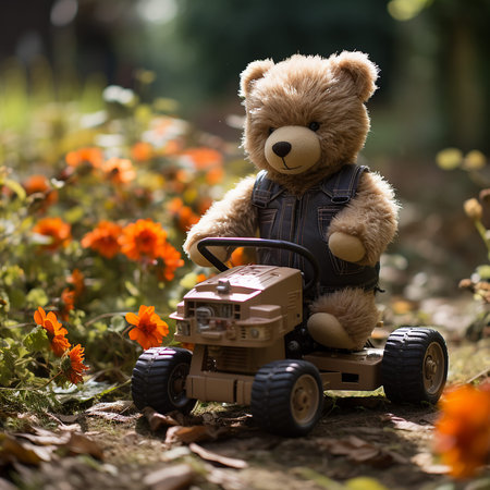 Teddy bear sitting on a toy car in the garden among flowersの素材
