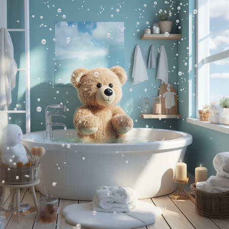 Teddy bear relaxing in bathtub in modern bathroom with snow effectの素材