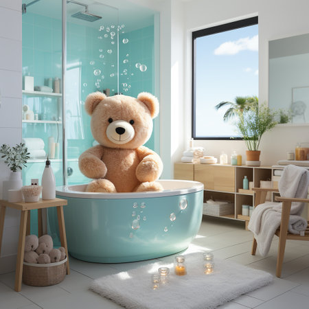 Teddy bear in bathtub in modern bathroom. 3d renderingの素材