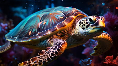 AI generative sea turtle under the sea design neon glowing and modern color tone and coralの素材