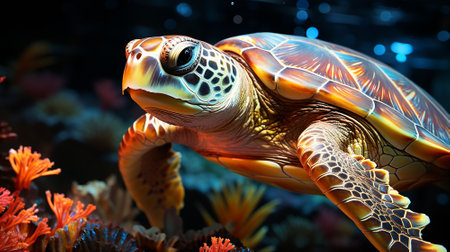 AI generative sea turtle under the sea design neon glowing and modern color tone and coralの素材
