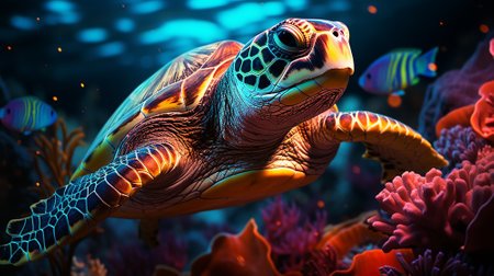 AI generative sea turtle under the sea design neon glowing and modern color tone and coralの素材