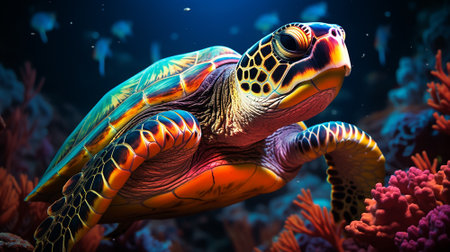 AI generative sea turtle under the sea design neon glowing and modern color tone and coralの素材