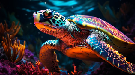 AI generative sea turtle under the sea design neon glowing and modern color tone and coralの素材