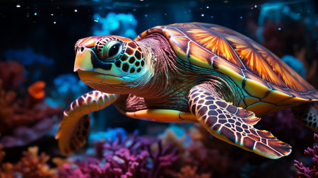 AI generative sea turtle under the sea design neon glowing and modern color tone and coralの素材