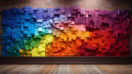 Conceptual image with colorful cubes against brick wall and wooden floorの素材