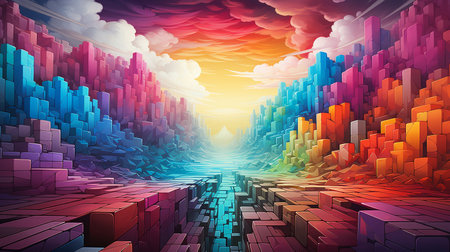 Abstract cityscape with colorful skyscrapers. 3D illustration.の素材