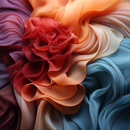 abstract background of multicolored silk fabric with a rose in the centerの素材