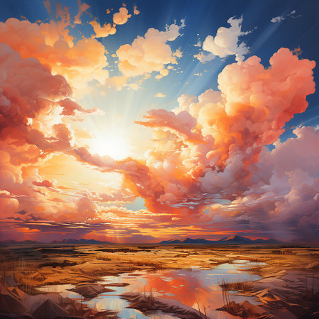 Beautiful sunset over the lake. Nature background. Vector illustration.の素材