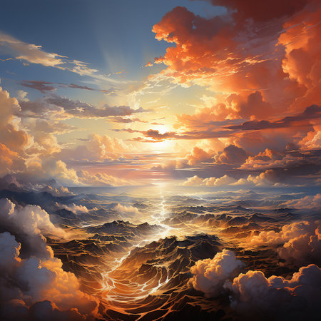 Sunset over the sea. Nature composition. 3D illustration.の素材