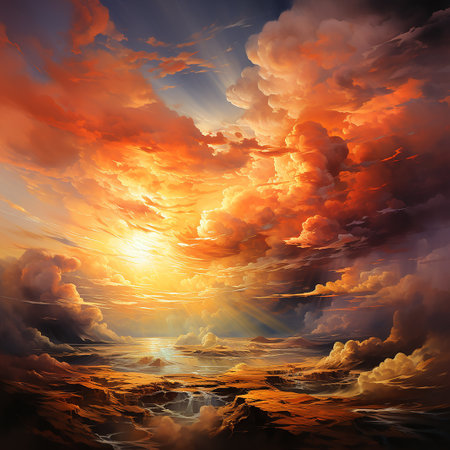 Beautiful sunset over the sea with clouds and sun rays. Nature backgroundの素材