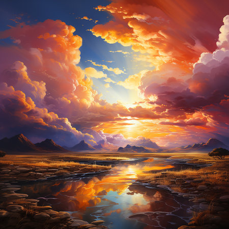 Fantasy landscape. Mountain lake and sunset sky. 3d illustrationの素材