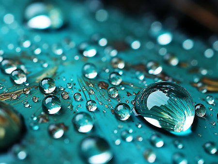 Water drops on a blue metal surface. Shallow depth of field. drop of transparent rain water on the floor ground surfaceの素材