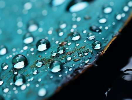 Water drops on a green leaf. Macro. Shallow depth of field drop of transparent rain water on the floor ground surfaceの素材