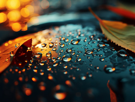 Autumn leaves and water drops on a dark background with bokeh drop of transparent rain water on the floor ground surfaceの素材