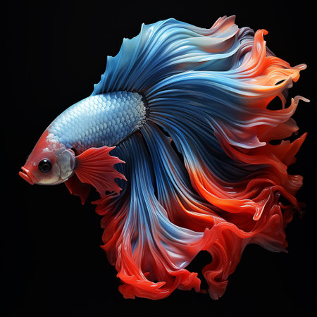Capture the moving moment of red-blue siamese fighting fish isolated on black background. Betta fish.の素材