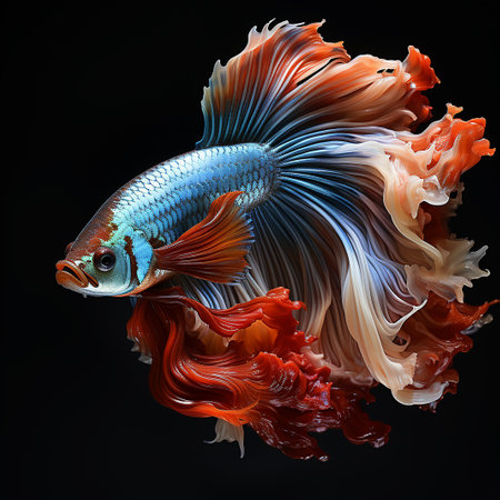 Capture the moving moment of red-blue siamese fighting fish isolated on black background. Betta fish.の素材