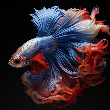 Capture the moving moment of blue and red siamese fighting fish isolated on black background. betta fish.の素材