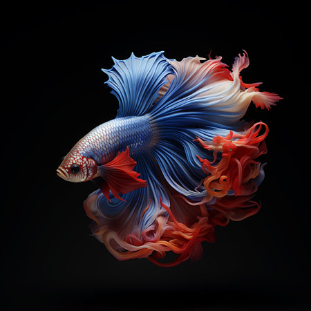 Capture the moving moment of blue siamese fighting fish isolated on black background. Betta fish.の素材