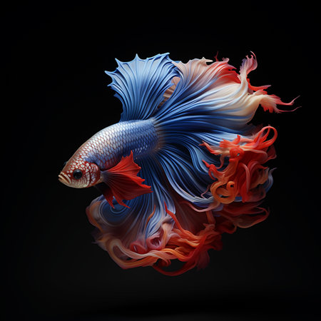 Capture the moving moment of blue siamese fighting fish isolated on black background. Betta fish.の素材