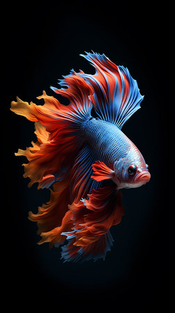 Capture the moving moment of red-blue siamese fighting fish isolated on black background. betta fish.の素材