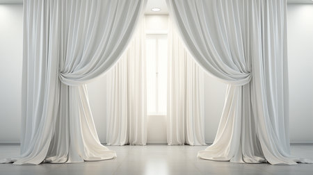 3d rendering of white curtains in a room with a window.の素材