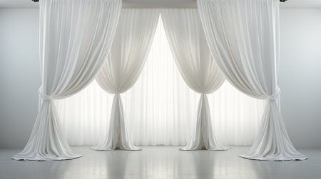 White curtains in white room. 3d render. Interior design.の素材