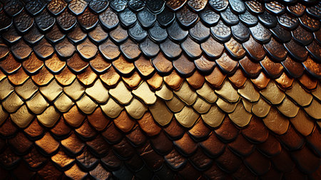 golden snake skin texture for background. 3d illustration. pattern.の素材