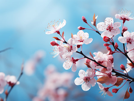 Beautiful cherry blossom branch on blue sky background. Spring flowersの素材